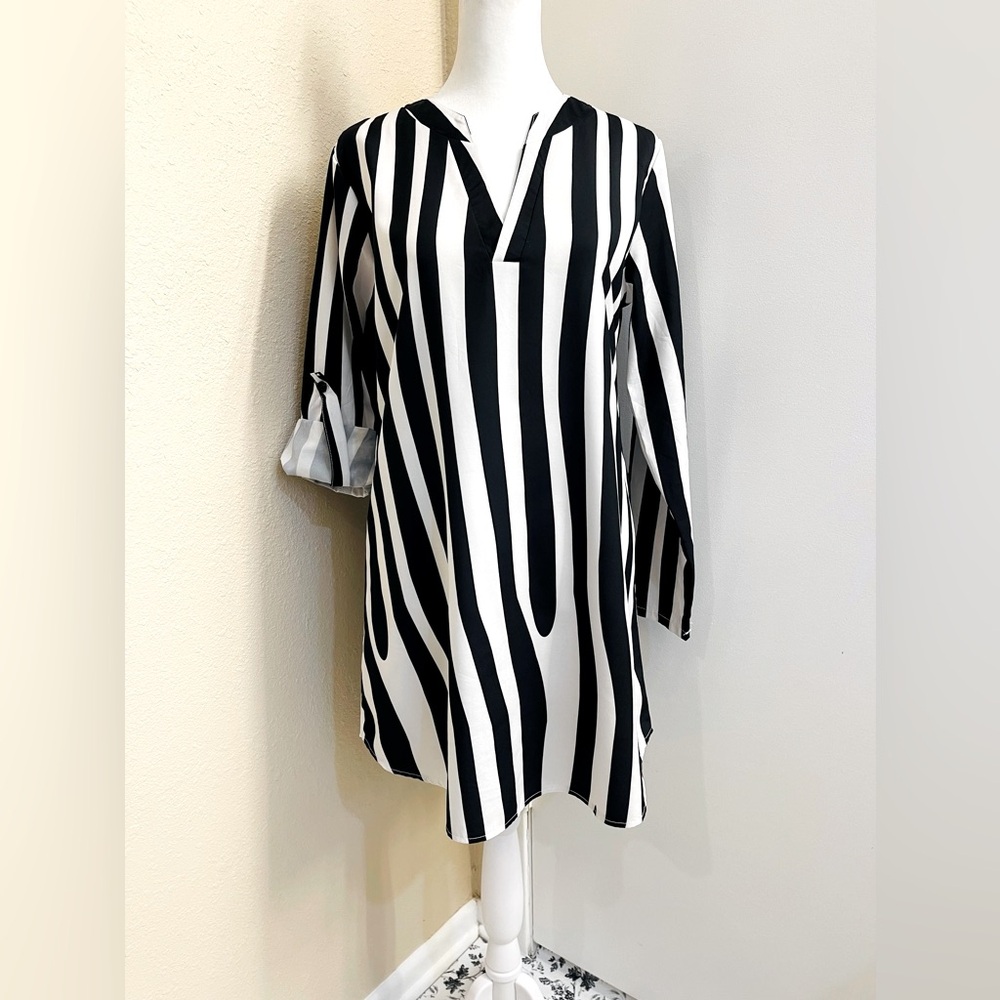 Coeur de Vague Black & White Striped Mini Dress, Silk Fabric, Medium